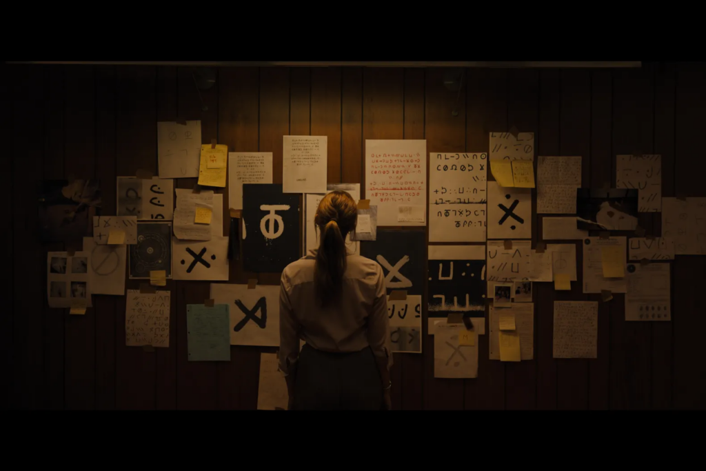 Main character "Lee Harker" looking at evidence of the case she is working on